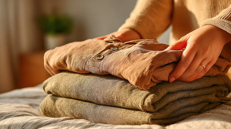 Woman is folding clothes neatly on a bed, surrounded by soft textures and warm natural light, creating a cozy and organized atmosphere.の素材