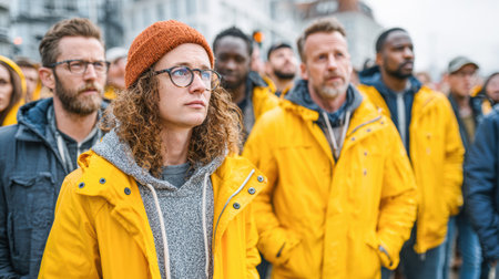 Group of individuals in yellow jackets standing together in an urban environment, showcasing unity and engagement in a public gathering.の素材