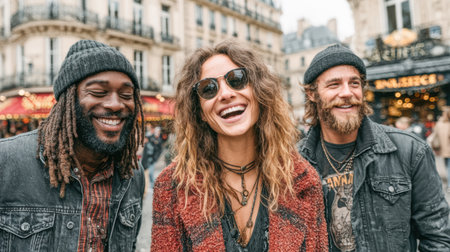 Group of diverse friends are smiling joyfully in an urban outdoor setting, showcasing camaraderie and happiness in a vibrant atmosphere.の素材