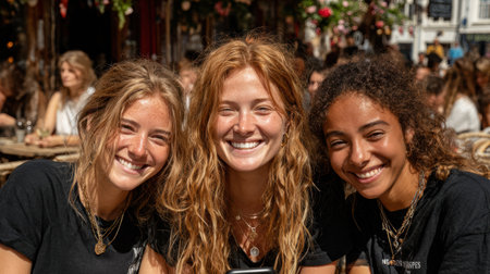 Three young women are smiling joyfully together at an outdoor cafe, surrounded by colorful flowers and a lively atmosphere, capturing friendship and happiness.の素材