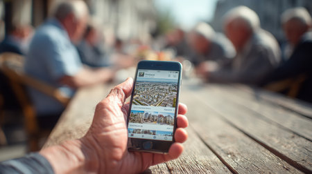 Hand holding a smartphone showing a city map, surrounded by people in an outdoor cafe, creating a vibrant social atmosphere.の素材