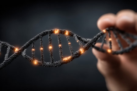 Hand is holding a glowing DNA strand model, showing intricate details and illumination against a dark backdrop, symbolizing genetic science.の素材