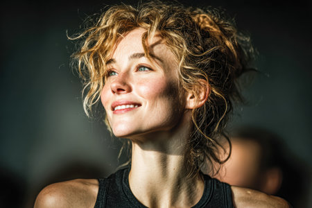 Smiling woman with curly hair is wearing activewear, enjoying a fitness atmosphere, radiating positivity and energy in a vibrant environment.の素材