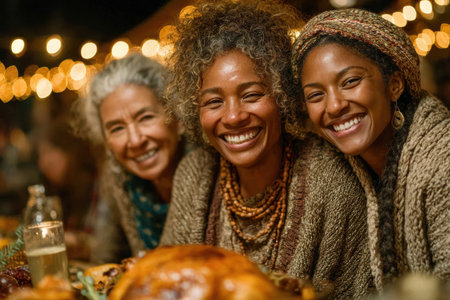 Three joyful women are smiling together at a festive gathering, surrounded by warm lights and delicious food, creating a cheerful atmosphere.の素材