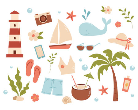 A set of summer things and beach accessories. cartoon vector illustration. beach setのイラスト素材