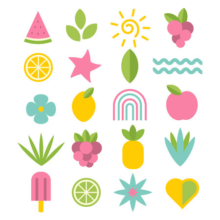 A set of fruits, flowers, leaves, the sun in the form of geometric shapes. Vector illustrationのイラスト素材
