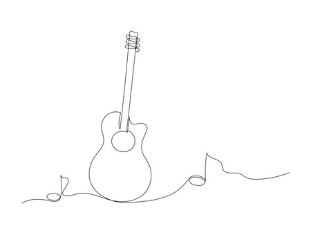 Vector illustration of single line drawing of guitar and lettering World Music Day. Music day logo concept with guitar.のイラスト素材