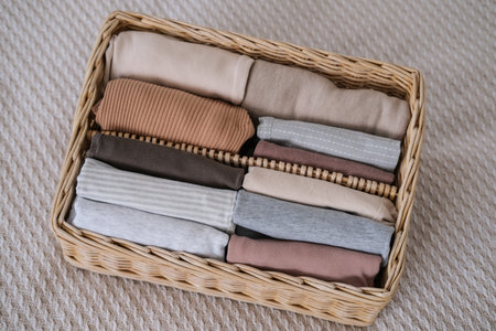 A woman folds clothes into a wicker container. Vertical clothing storage. Concept of minimalism lifestyleの写真素材