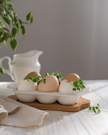 Boiled eggs and microgreens of arugula in egg shells. Growing microgreens at home gardeningの写真素材