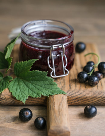Homemade blackcurrants jam and fresh berries on a wooden background. Homemade protection concept....