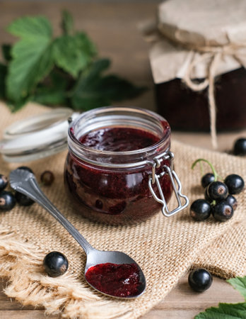 Homemade blackcurrants jam and fresh berries on a wooden background. Homemade protection concept. Summer seasonal berry jamsの写真素材