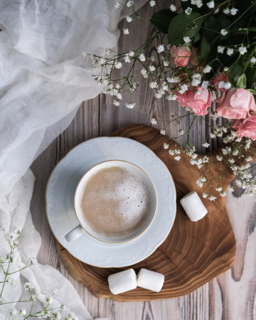 Top view of a cup of coffee and a bouquet of flowers on a wooden table.の写真素材