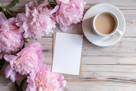 Mock up blank white paper card for text and delicate peonies on a wooden background. Flat lay, top view. Place for text. Greeting cardの写真素材