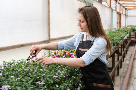 A young female gardener works in a large flower greenhouse. Young woman pruning plants in an industrial greenhouse.の写真素材