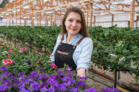 Young beautiful business woman in flower greenhouseの写真素材