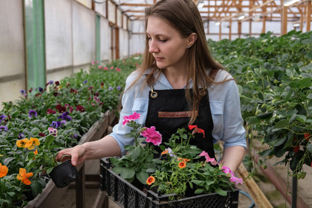 A young female gardener works in a large flower greenhouse.の写真素材