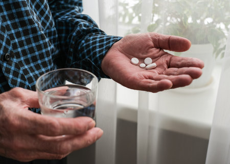 Many multi-colored pills in a Senior's hands. Painful old age. Caring for the health of the elderlyの写真素材