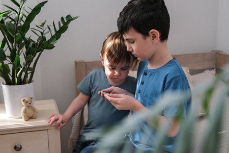 Two little brothers happily watching cartoons together on a smartphone. children and gadget conceptの写真素材