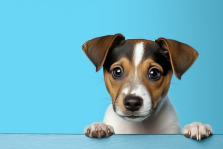 Cute puppy on blue background with copy space. Generative AIの素材