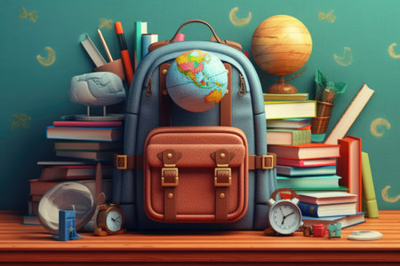 Illustration of backpack with school supplies. Generative AIの素材