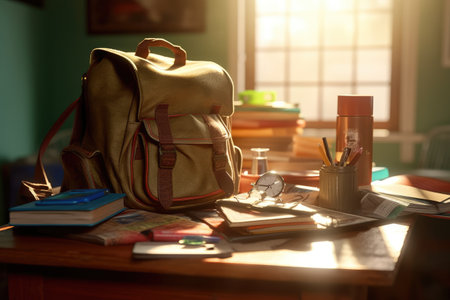 Backpack and school supplies on the school desk. Generative AIの素材