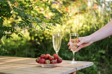 Glasses of champagne in female hands in a summer garden against the backdrop of evening sunlightの写真素材