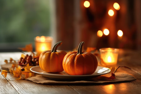 Autumn table setting with pumpkins and candles. Fall home decoration. Generative AIの素材