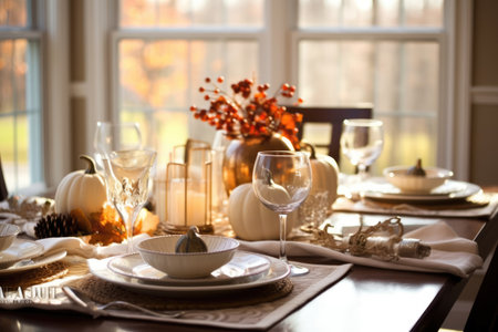 Thanksgiving dinner table setting in a light modern dining room. Fall home decoration. Generative AIの素材