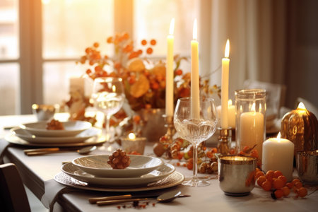Thanksgiving dinner table setting in a light modern dining room. Fall home decoration. Generative AIの素材