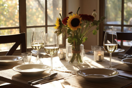 Thanksgiving dinner table setting in a light modern dining room. Fall home decoration. Generative AIの素材