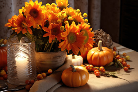 Autumn table setting with pumpkins and candles. Fall home decoration. Generative AIの素材