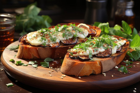Toasts with fried eggplant, cheese and herbs. Generative AIの写真素材