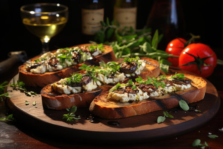 Toasts with fried eggplant, cheese and herbs. Generative AIの写真素材