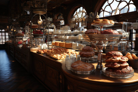 Old city bakery in the morning. A large assortment of bakery products is presented on the shelves of the bakery. Generative AIの素材