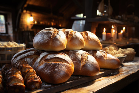 Hot fresh bread and pastry baking in the bakery. Generative AIの素材