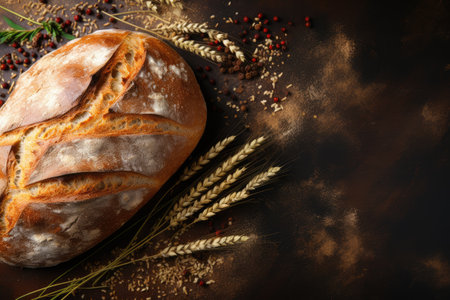 Fresh bread on brown table. Top view with space for text. Generative AIの素材