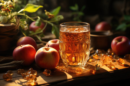 Apple juice in a glass and fresh apples on a wooden table in the garden. Generative AIの素材