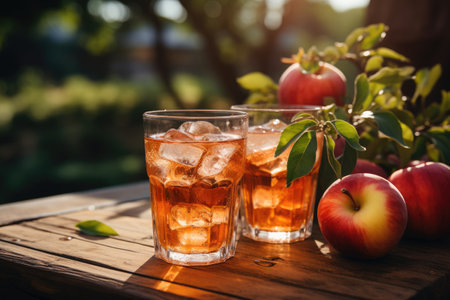 Apple juice in a glass and fresh apples on a wooden table in the garden. Generative AIの素材