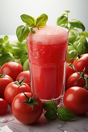 Tomato juice in a glass glass and ripe tomatoes on a white background. Generative AIの素材