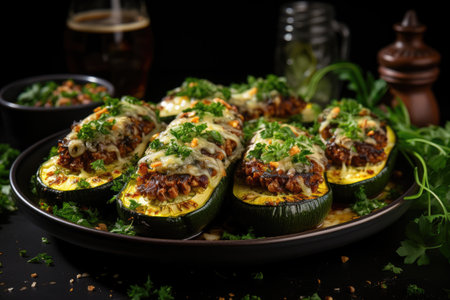 Zucchini halves stuffed with minced meat and gratinated with cheese. Generative AIの素材