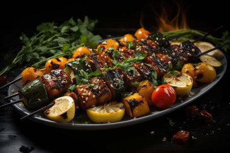 Grilled vegetable skewers with zucchini and tofu. Generative AIの素材