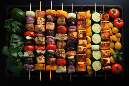 Vegetable skewers cooking on a barbecue grid food. Generative AIの素材