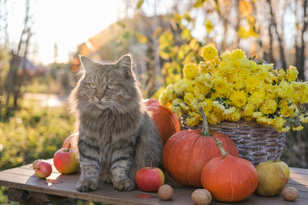 Fluffy cat sits on a table among pumpkins and baskets with autumn flowersの写真素材