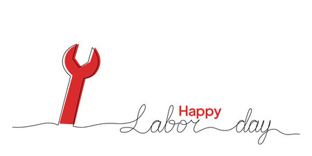Vector illustration of single line drawing of wrench and Labor Day lettering. Happy Labor Day. Labor Day concept with wrench.のイラスト素材