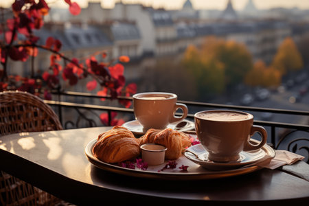 Breakfast with coffee and croissants on the balcony overlooking the autumn city. Generative AIの素材