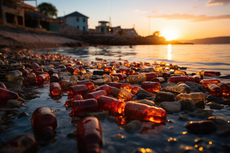 Plastic bottles on the seashore. Environmental pollution by plastic waste. Generative AIの素材