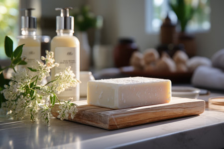 Natural white soap on a wooden stand in the bathroom. Generative AIの素材