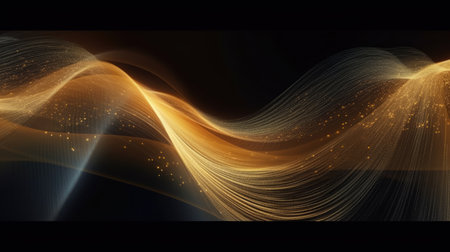 Abstract wavy flowing lines with glittering effect, golden sparkles on black background. Generative AIの素材