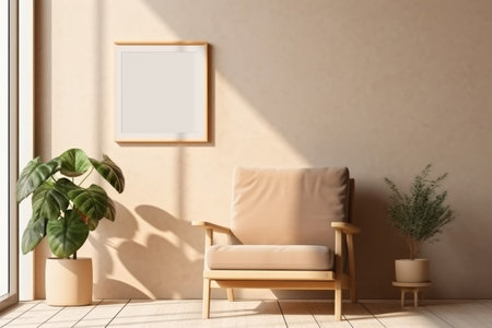 Blank wooden picture frame mockup on wall in light living room interior. Generative AIの素材