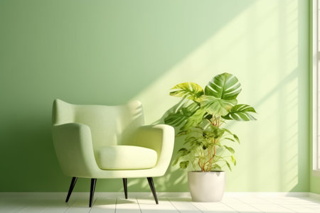 Living room with green wall, comfortable armchair and plants. Generative AIの素材